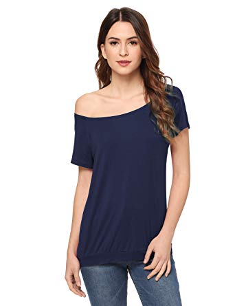 ROMWE Women's Off the Shoulder One Shoulder Boat Neck Random Shoulder Short Sleeve Tee Shirt Tunic Top Blouse