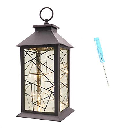 Decorative Lanterns for Indoor 14" Hanging Black Lanterns with 20 LED Fairy String Lights Battery Operated Tabletop Led Light with Geometry Glass