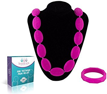 Beabies Breastfeeding Necklace - Teething Necklace for Mom to Wear and Bracelet/Bangle are Smart Baby Shower Gifts - Teether Beads Provide Soothing Pain Relief (Magenta/Hot Pink)