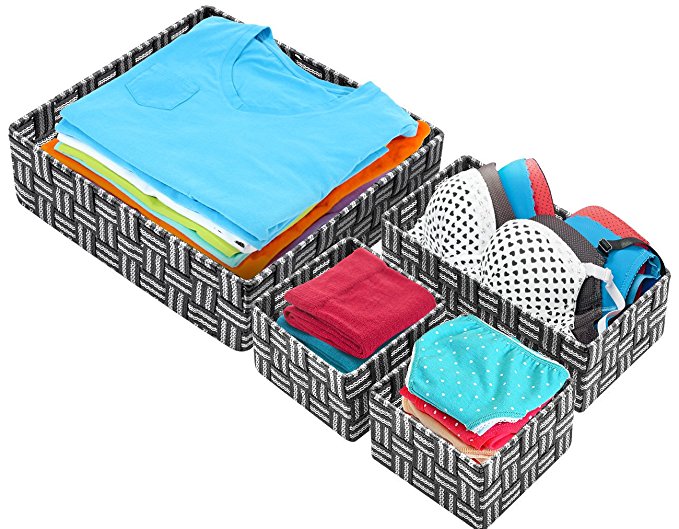 Sorbus Storage Box Woven Basket Bin Container Tote Cube Organizer Set Stackable Storage Basket Woven Strap Shelf Organizer (Woven Basket Set - 4 Piece, Gray Pattern)