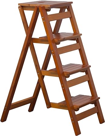 KINGBO Step Stool for Adults/Step Ladder/Counter Chair, 4-Step Folding Portable Wooden Step Stool, Anti-Slip & Lightweight (Nut - Brown)