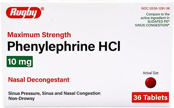 Rugby Maximum Strength PE Sinus Congestion Nasal Decongestant Phenylephrine HCl 10 mg - 36 Tablets