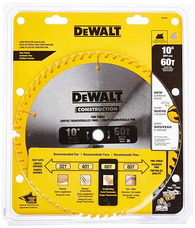 DEWALT DW3106 Series 20 10-Inch 60 Tooth ATB Thin Kerf Crosscutting Saw Blade with 5/8-Inch Arbor