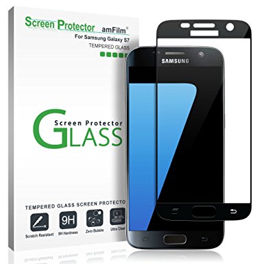 Galaxy S7 Screen Protector Glass (Full Screen Coverage), amFilm Bye-Bye-Bubble Samsung Galaxy S7 Tempered Glass Screen Protector [Bubble Free] T-moible Sprint ATT Verizon 2016 (Black) [Lifetime Warranty]