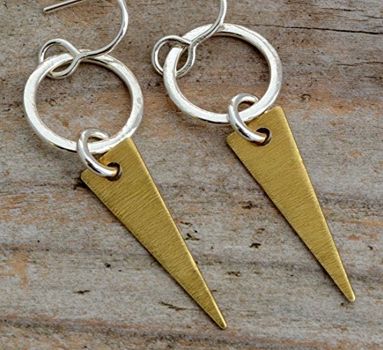 Little sterling silver dangle drop hoop earrings with brass spike modern minimalist mixed metal jewelry for women