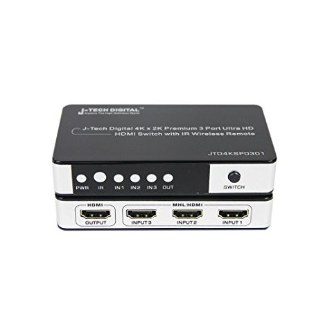 J-Tech Digital JTD4KSP0301 Premium Quality 3 Ports 4K x 2K HDMI 3x1 Powered Switch with IR Wireless Remote and Power Adapter