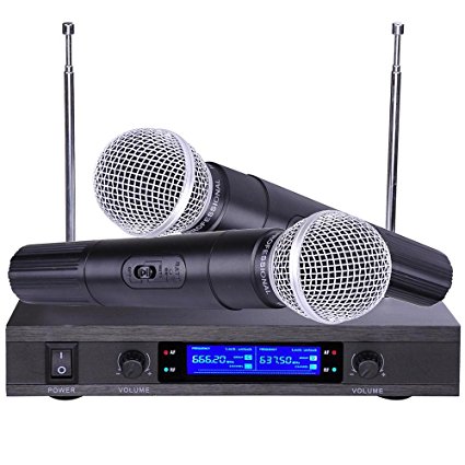 AW 2 Channel UHF Handheld Wireless Microphone System LCD Display 1/4"Audio Cable Show Party Singer