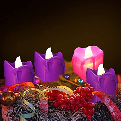 4 Pieces LED Flameless Advent Candle Set Advent LED Tea Light Candles with Batteries Purple and Pink Advent Candles for Christmas Advent Rituals, Casting Chimes, Spells (Wax Melting)