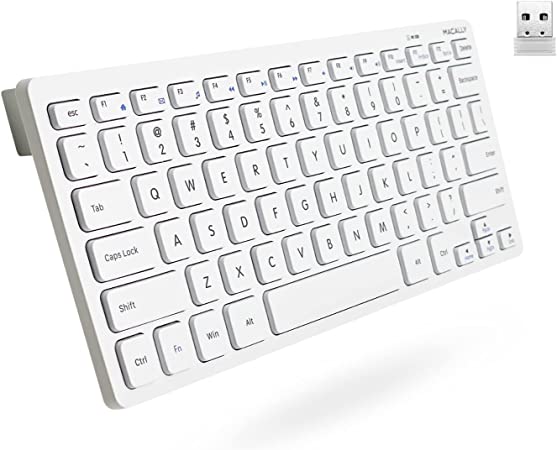 Macally 2.4G Small Wireless Keyboard - Ergonomic & Comfortable Computer Keyboard - Slim Compact Keyboard for Laptop or PC, Tablet, TV, Travel - Plug & Play External Mini Keyboard Wireless USB - White