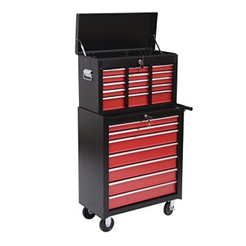 HomCom Rolling Tool Chest Cabinet with 16 Drawers, Black and Red