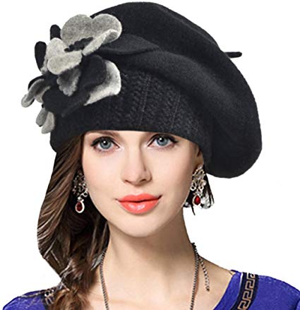 VECRY Lady French Beret 100% Wool Beret Floral Dress Beanie Winter Hat