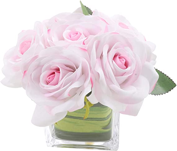 Fule Artificial Velvet Rose Flower Centerpiece Arrangement in vase for Home Wedding Decoration (Pink)