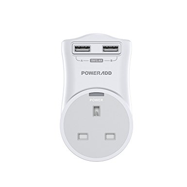 Poweradd 360 Degree Rotatable AC Outlet 3250W with Surge Protection and Multi Extension with Dual USB Charger (3.4A Max Output) for iPhone, Tablet, Power Bank and More (UK Plug)