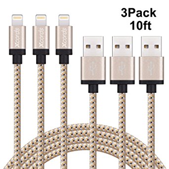 Xcords 3Pack 10ft Nylon Braided Lightning to USB Charge & Sync Cable Cord with Aluminum Connector Compatible with iPhone 7/7Plus,6/6s/6plus/6splus, 5c/5s/5/SE, iPad Air/Mini, iPod Nano/Touch (Gold)