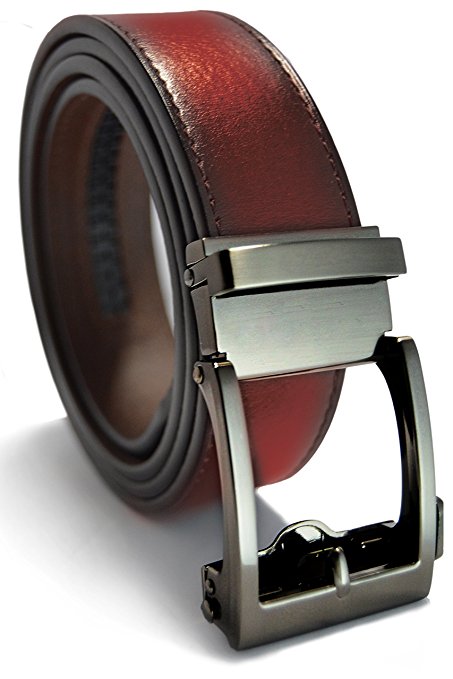 Classic Men's Holeless Leather Ratchet Click Belt with Automatic Sliding Buckle - Trim to Fit