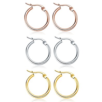Miraculous Garden 3 Pairs Stainless Steel Hoop Earrings Set for Women Girls 20mm (20mm 3PCS(Silver Gold Rose Gold))