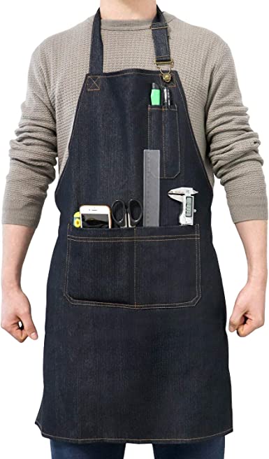 QWORK Heavy Duty Denim Work Apron With Pockets, Adjustable Jean Tool Apron for Men and Women