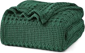 PHF 100% Cotton Waffle Weave Blanket Twin Size, Lightweight Washed Cotton Blanket for Spring & Summer - 66"x90" Soft Woven and Breathable Blanket for Bed Sofa Home Decor - Dark Green