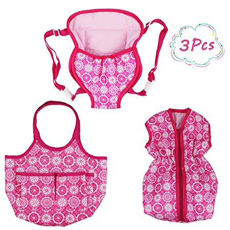 DC-BEAUTIFUL 3 Pack Baby Doll Accessories Set with Handbag and Front/Back Carrier Backpack and Sleeping Bag, Fits 14 to 18＂Dolls