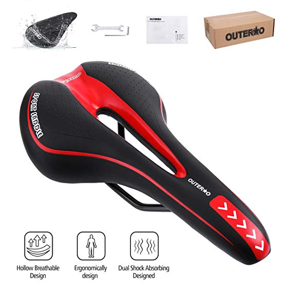 OUTERDO Bicycle Saddle MTB Road Gel Comfort Saddle Bike Bicycle Cycling Seat Cushion Pad 27*15CM Black and Red …