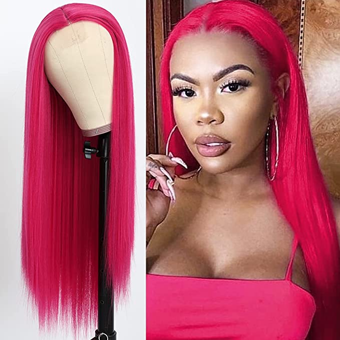 QD-Tizer Hot Pink Wig Long Straight Hair Raspberry Pink Color Natural Hair Line Wigs for Fashion Women Heat Resistant Synthetic Hair Wigs