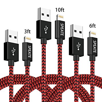 Lightning charger,SPEATE,iPhone Cable 3Pack 3FT 6FT 10FT Extra Long Nylon Braid Lightning Cord Charger Cable Compatible with iPhone 8/7/7 Plus/6/6s/6 plus/6s plus/5s/5c,iPad,iPod and More(Red black)