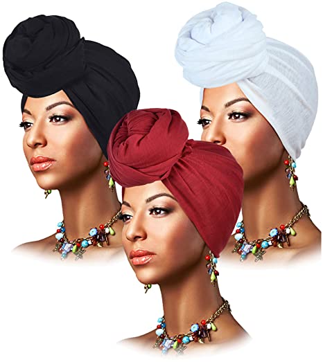 L'VOW 3 Pieces Stretch Head Wrap Scarf Soft Turban Headband Tie Long Hair Wraps Hijab Scarfs for Women(Black, White, Wine)