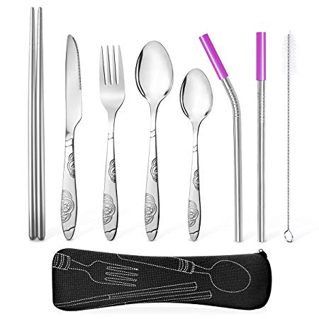 AckMond Camping Outdoor Utensils Cutlery Flatware Set of Military Grade Stainless Steel Fork, Spoon, Tea Spoon, Knife, Chopstick, Stainless Steel Metal Straws with Silicone Tips and Brush