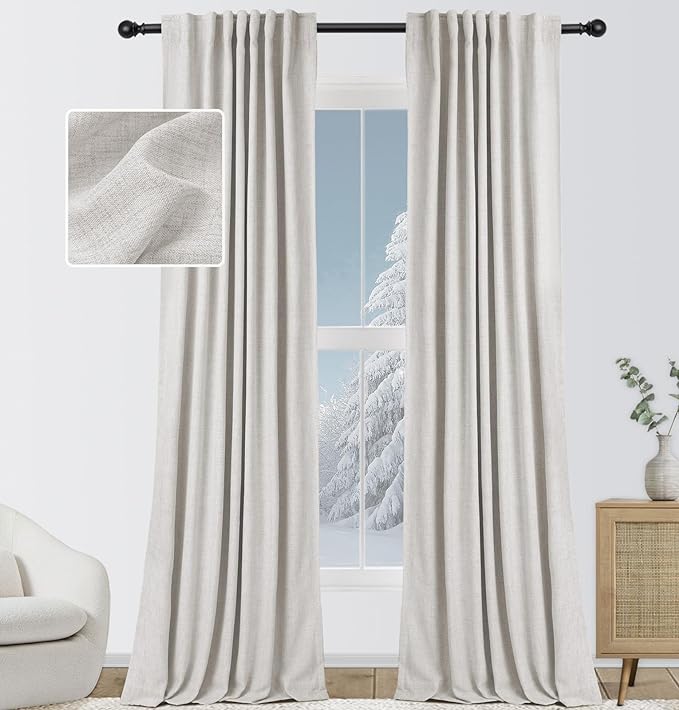 INOVADAY 100% Blackout Curtains for Bedroom 120 Inches Long 2 Panels Set, Back Tab/Rod Pocket Faux Linen Blackout Curtains, Thermal Insulated Darkening Drapes for Living Room, 52''W x 120''L, Beige