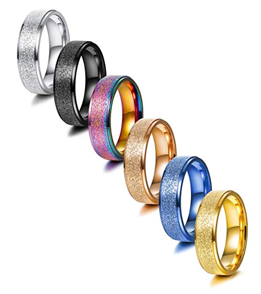 LOLIAS 6Pcs 6MM Fashion Stainless Steel Band Ring Sand Blast Finish for Men Women