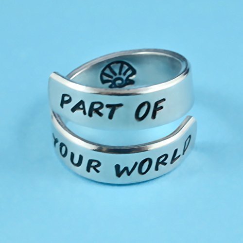 PART Of YOUR WORLD - Hand Stamped Aluminum Spiral Ring, Sea Shell Symbol Ring, Script Font