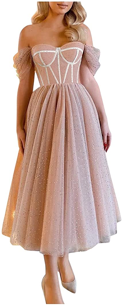 Hemlock Women Princess Dress Lace Off Shoulder Prom Dress Mid Length Wedding Evening Party Dress Gown
