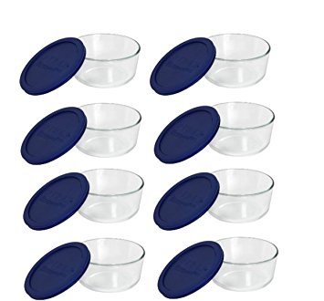 Pyrex Storage 4-Cup Round Dish with Dark Blue Plastic Cover, Clear (8-Pack, Blue)