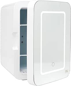 Paris Hilton Refrigerator and Personal Beauty Fridge, Mirrored Door with Dimmable LED Light, Thermoelectric Cooling and Warming Function for All Cosmetics and Skincare Needs, 10-Liter, White