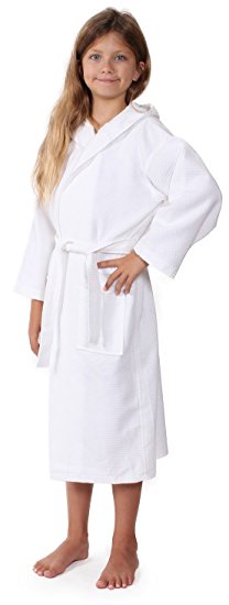 Indulge Linen Kids Waffle Bathrobe, Hooded, 100% Cotton, Diamond Pattern, Made In Turkey, Spa Party Robe For Girls