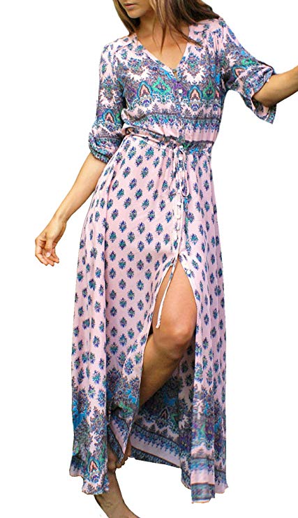 R.Vivimos Women's Summer Button Up Floral Print Split Beach Maxi Dresses