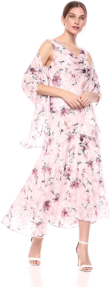 Alex Evenings Women's Tea Length Printed Chiffon Dress with Shawl