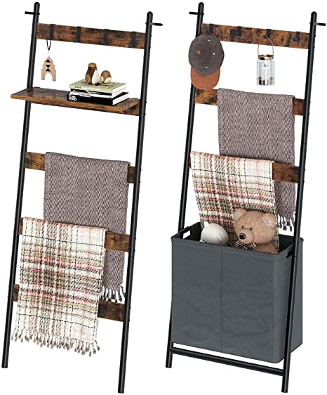 Rolanstar Ladder Shelf for Blanket, 5-Tier Wall-Leaning Blanket Rack with an Adjustable Shelf and 4 Hanging Hooks, 3-Tier Farmhouse Leaning Shelf with a Storage Basket and 4 Hanging Hooks for Bathroom