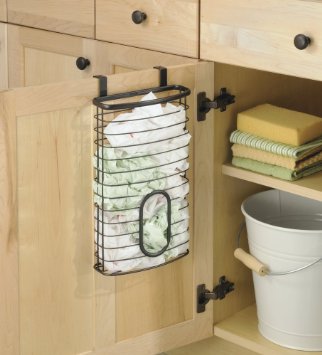 mDesign Over the Cabinet Kitchen Storage Holder for Plastic and Garbage Bags - Bronze