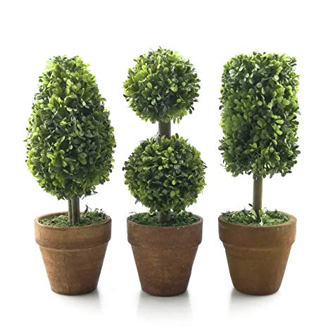Tuokor Small Artificial Plants 8.25" Tall Plastic Fake Green Topiary Shrubs with Pot for Home Décor – Set of 3