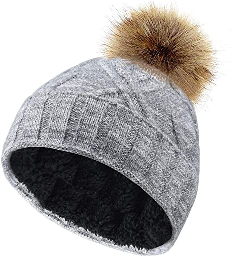 VBIGER Womens Winter Knitted Beanie Hat with Faux Fur Pom Warm Knit Skull Cap Beanie for Women