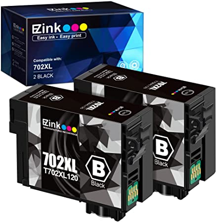 E-Z Ink (TM) Remanufactured Ink Cartridge Replacement for Epson 702XL T702XL 702 T702 to use with Workforce Pro WF-3720 WF-3730 WF-3733 Printer (2 Pack, Black)