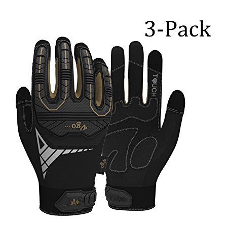 Vgo Glove High Dexterity Heavy Duty Mechanic Gloves, Rigger Gloves(3-Pairs)(Anti-vibration,anti-abrasion,touchscreen,TPR knuckle,EVA padding)