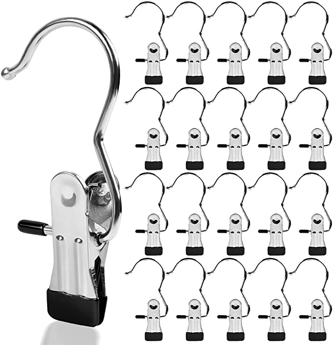 Laundry Hooks with Clips, Akamino 20 Pack Stainless Steel Boot Hangers for Closet, Portable and Heavy Duty Organizer for Home Travel
