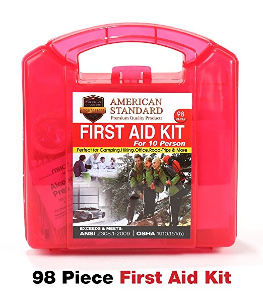 First Aid Kit American Standard Medical Supplies in a Durable Plastic Box, FDA Approved for Car, Home, Office, Work, Boat, RV, Outdoors, Camping, Hiking, Backpacking, Survival & Sports Teams, 98pc