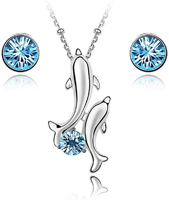 Crystalline Azuria Jewelry Set Crystals from Swarovski Blue Simulated Aquamarine Crystal Dolphin Pendant Necklace for Women Pendant Necklace 18" Stud Earrings 18K White Gold Plated Necklace