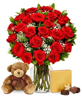 Flowers - Two Dozen Long Stemmed Red Roses with Godiva Chocolates & Bear