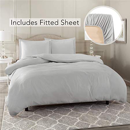 Nestl Bedding Duvet Cover with Fitted Sheet 4 Piece Set - Soft Double Brushed Microfiber Hotel Collection - Comforter Cover with Button Closure, Fitted Sheet, 2 Pillow Shams, Full - Silver