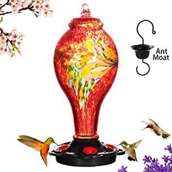 LUJII Hummingbird Feeder for Outdoors, Hand Blown Glass, Don't Fade, 36 Fluid Ounces, 5 Feeding Stations, More Biger, Garden Backyard Decorative, Containing Ant Moat (Red)