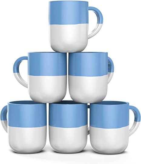 Francois et Mimi, Set of 6 Large 16 Ounce Ceramic Coffee Mugs (White and Blue)